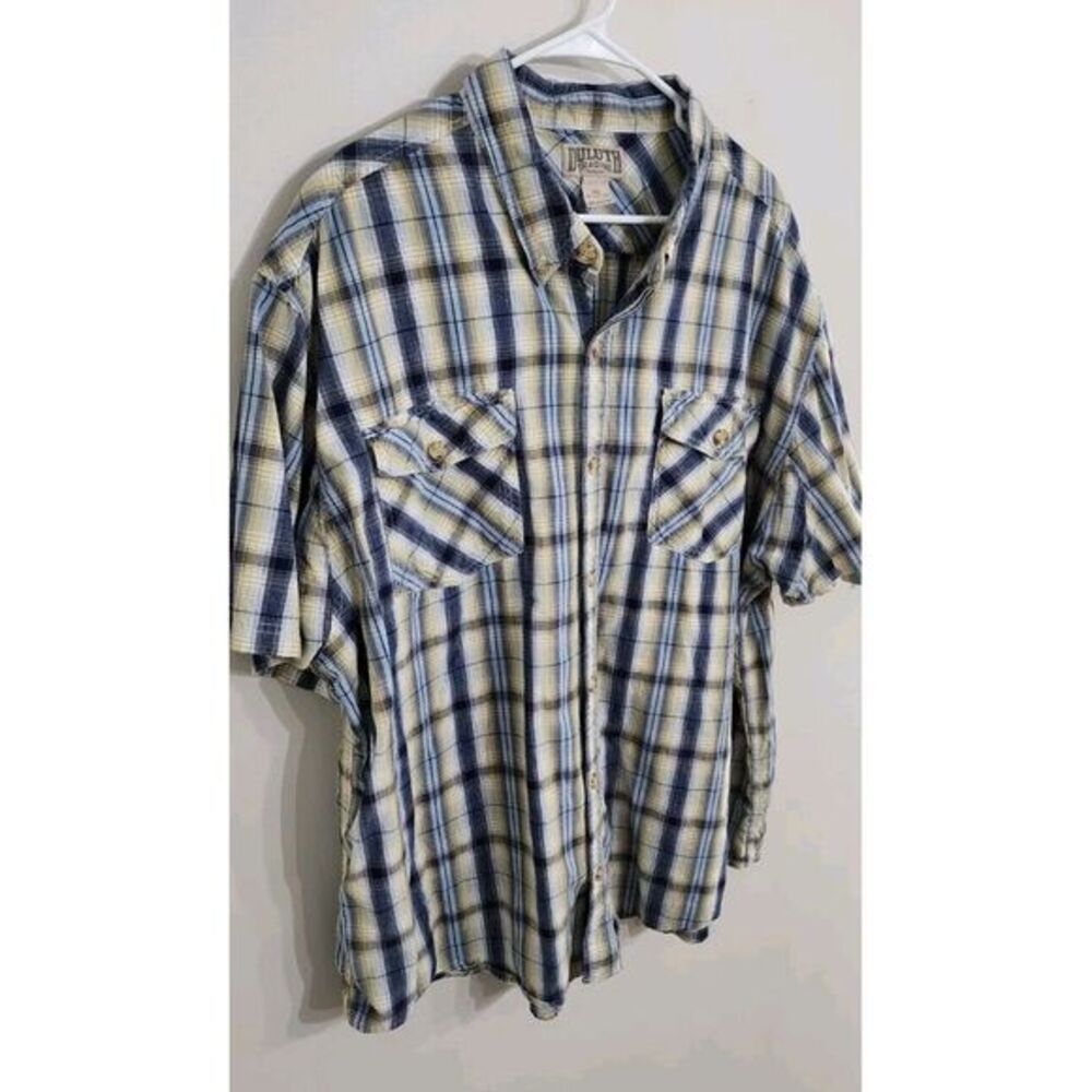 Duluth Trading Shirt Mens 3XL Button Down‎ Blue Yellow Plaid Cotton Relaxed Fit
